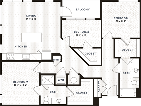 Floor plan for 3 beds, 2 baths, 1324 sqft